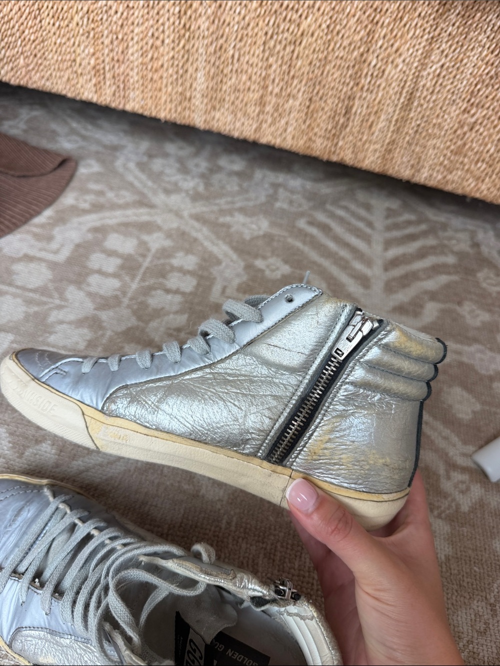 Golden Goose Silver High-Top Sneakers with Red Star and Accent - Picture 2 of 7